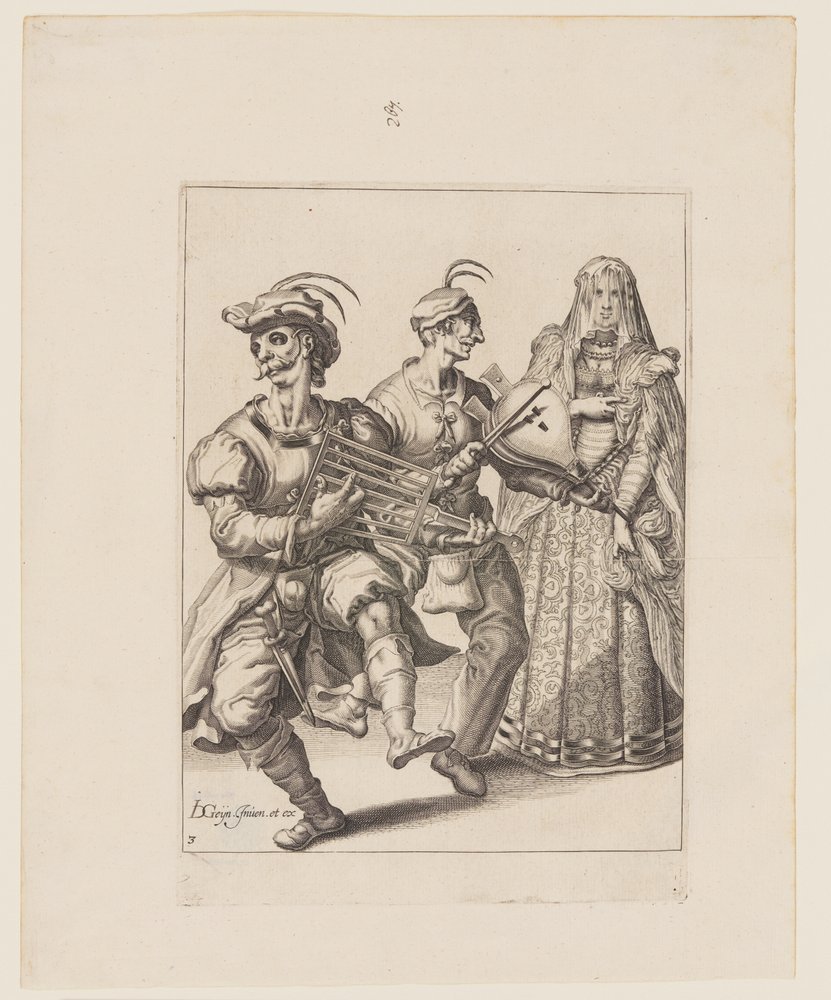 Een gesluierde vrouw met twee muzikanten die een rooster en een blaasbalg bespelen, uit De maskerades door Jacques de Gheyn II