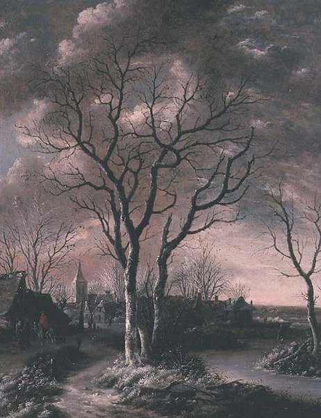 Een bevroren rivierlandschap met reizigers op een pad door Jan van de Capelle or Cappelle