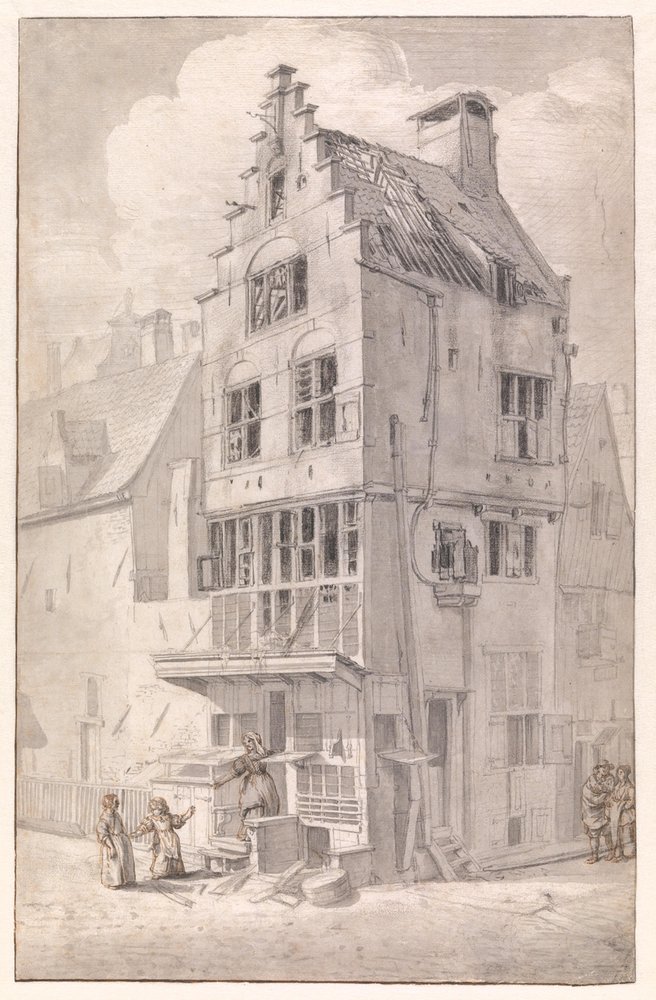 Een afgebrand huis aan de Bloedstraat door Jan van der Heyden