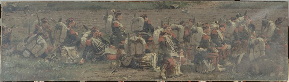 Militaire scène: de trommels van het 1e Regiment van de Grenadiers de la Garde (fragment van het Rezonville panorama) door Jean-Baptiste Edouard Detaille