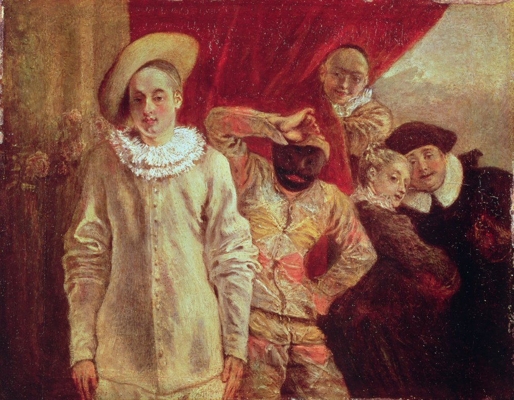 Harlekijn, Pierrot en Scapin, acteurs uit de Commedia dell'Arte door Jean-Antoine Watteau