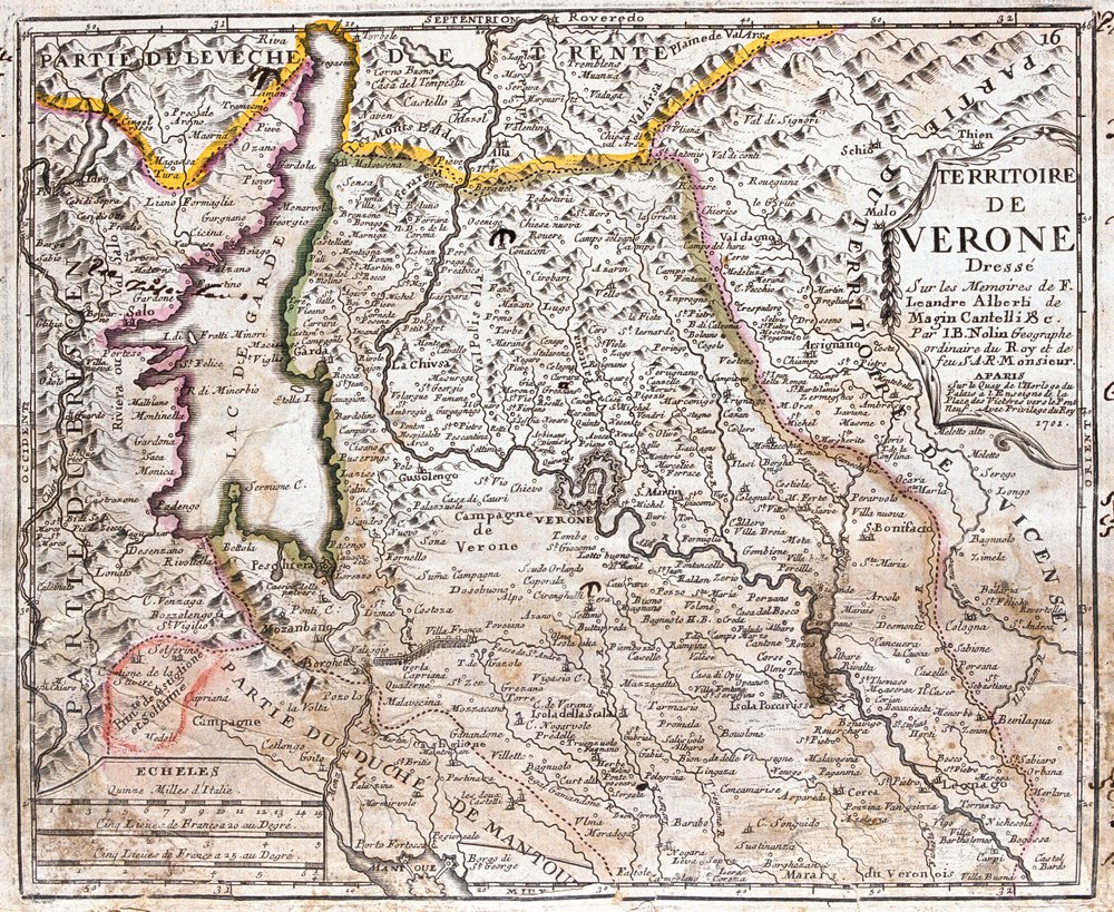 Kaart van het gebied van Verona (Veneto, Italië) door Jean-Baptiste Nolin