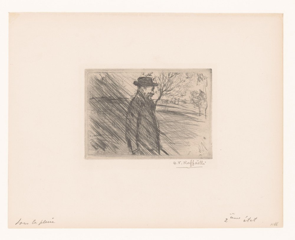 Man met hoed in de regen door Jean François Raffaëlli (signed by artist)