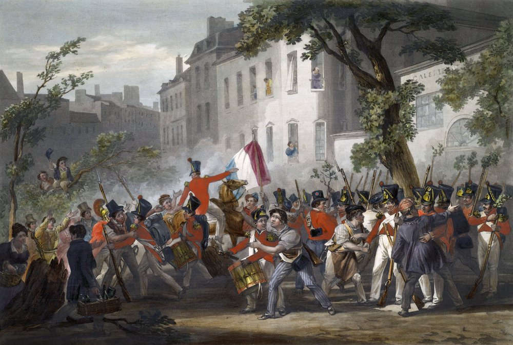 De 5e linie verbroedert met het volk, boulevard des Italians, op 29 juli door Jean Pierre Marie Jazet