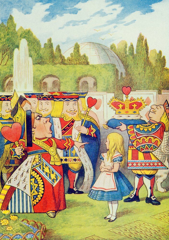 ‘De Koningin is gekomen! En is ze niet boos.’ Illustratie uit ‘Alice in Wonderland’ van Lewis Carroll (1832-98) door John Tenniel