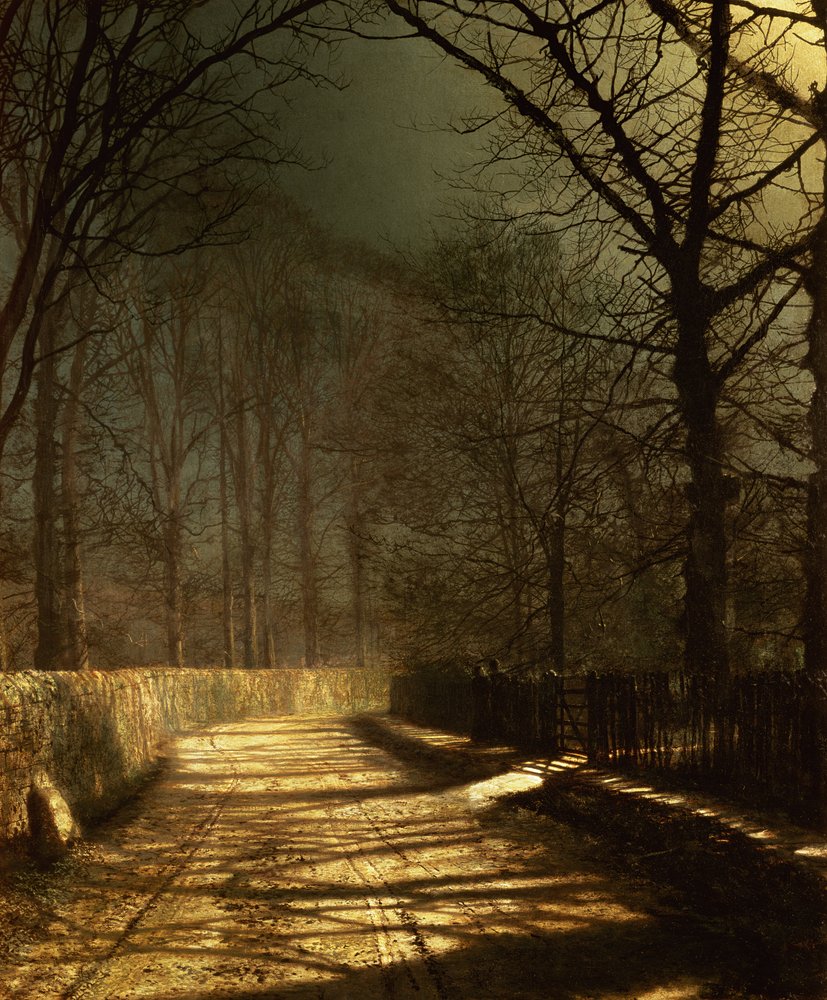 Een laan in maanlicht. Twee geliefden bij een hek door John Atkinson Grimshaw