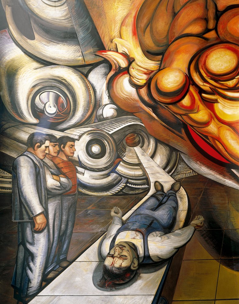 Wereld van de arbeider, slachtoffer van het kapitalisme, detail van het plafond van het Auditorium met fresco