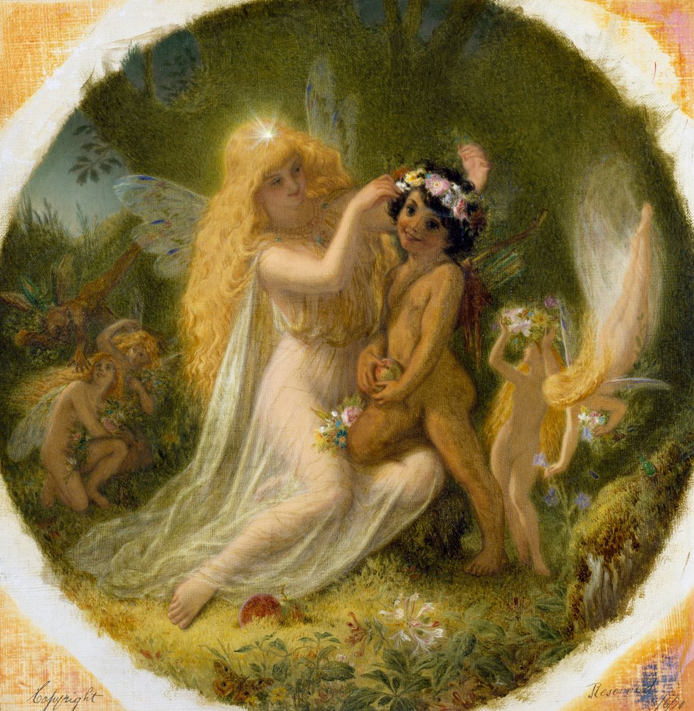 "Titania, prinses van de feeëngoden, en de jonge Indiaan die ze tot haar page heeft gemaakt" Illustratie voor "Een midzomernachtsdroom" van William Shakespeare. Schilderij door Joseph Noel Paton (1821-1901) Privécollectie door Joseph Noel Paton