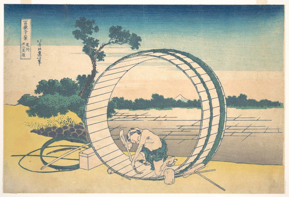 Fujimigahara in de provincie Owari (Bishū Fujimigahara), uit de serie „Zesendertig gezichten op de berg Fuji“ (Fugaku sanjūrokkei) door Katsushika Hokusai