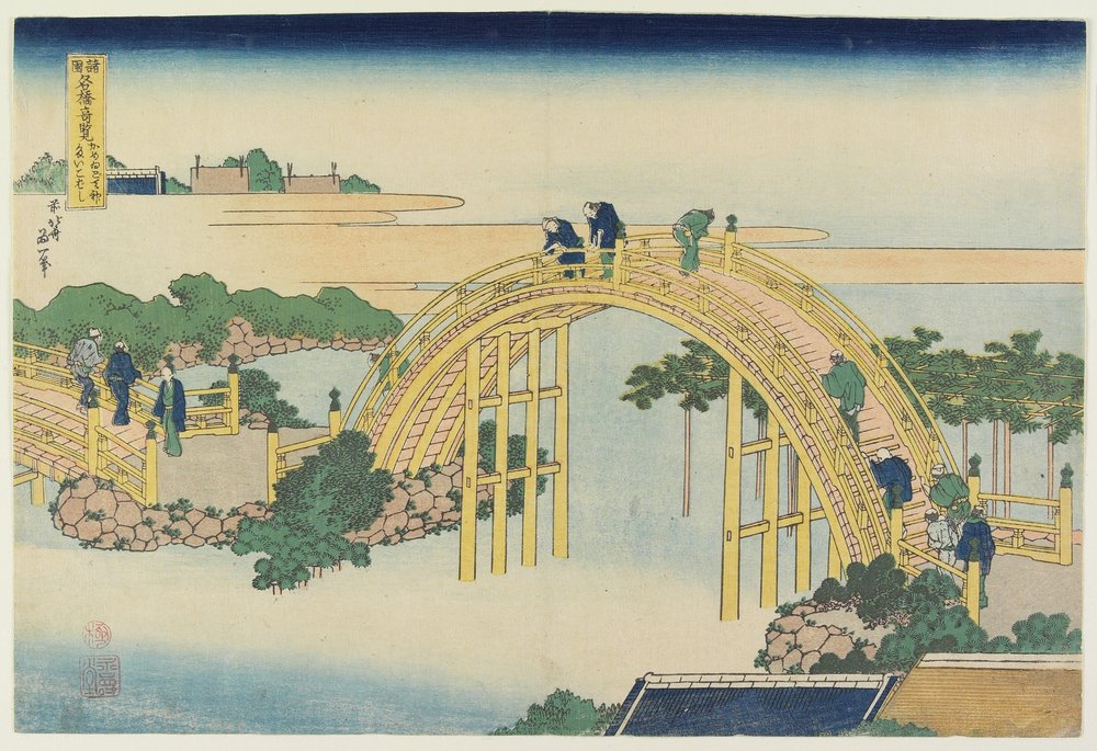 De Trommelbrug bij Kameido Tenjin Heiligdom door Katsushika Hokusai