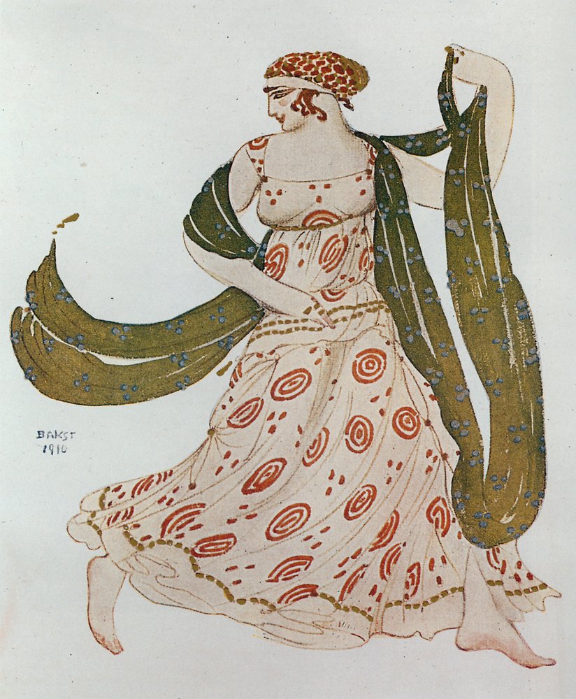Kostuumschets voor de Griekse dans uit " Cleopatra " van Alexander Arensky (aquarel en potlood op papier) door Leon Bakst