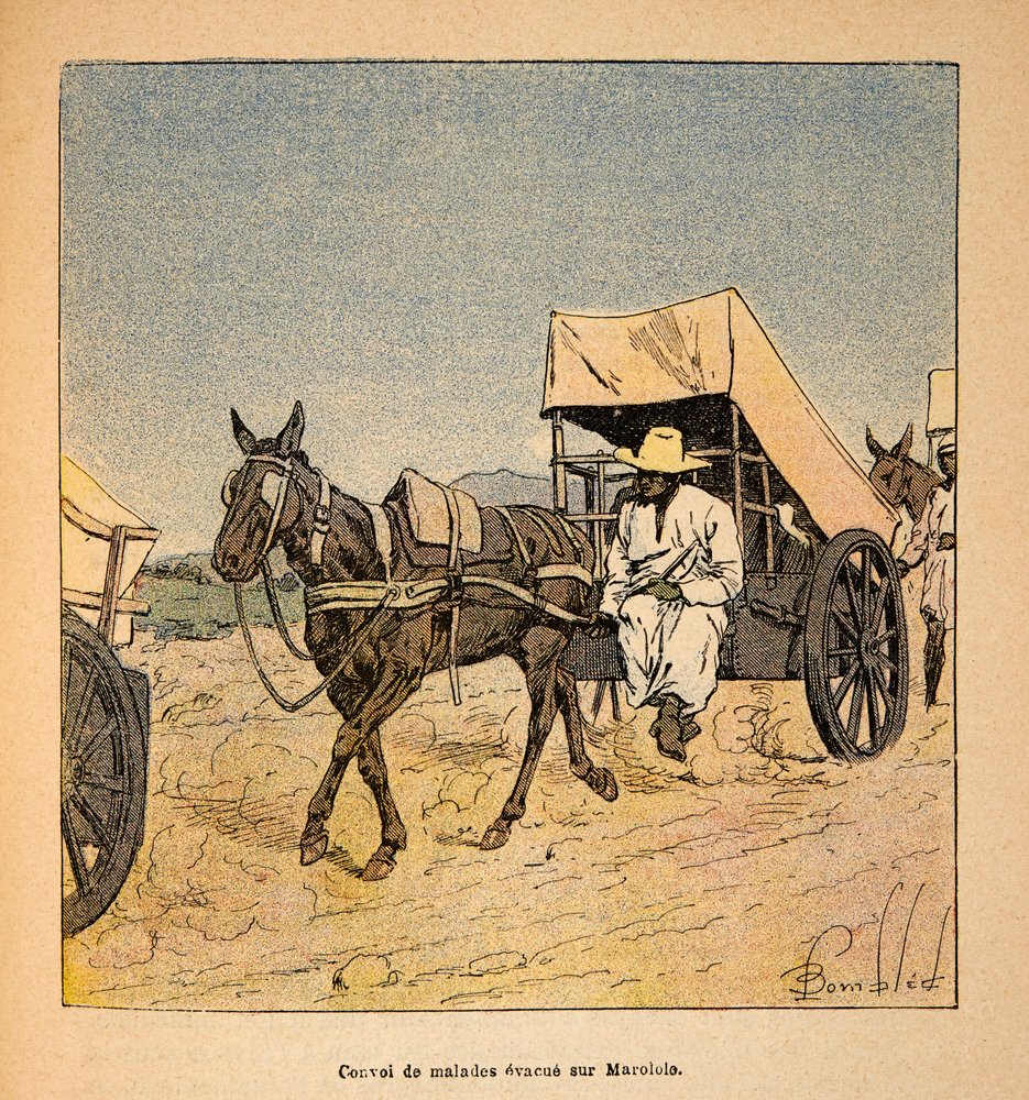 De Oorlog in Madagaskar-Anekdotische Geschiedenis van de Franse Expedities van 1885-1895 door Henri Galli, geïllustreerd door Louis Bombled: Konvooi van zieke ontsnappingen op Marololo, privécollectie door Louis Charles Bombled