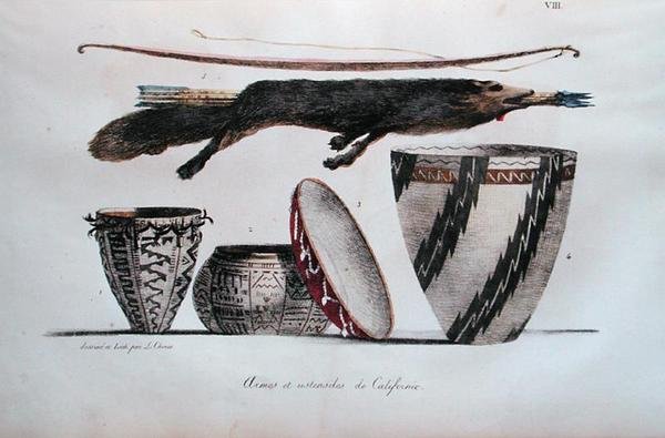 Wapens en gebruiksvoorwerpen uit Californië, uit 'Voyage Pittoresque Autour du Monde', gepubliceerd 1822 door Ludwig Choris