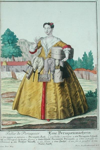 De vrouw van de pruikenmaker, gepubliceerd in Augsburg, ca. 1735 door Martin Engelbrecht