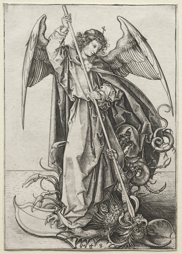 De aartsengel Michaël doorboort de draak door Martin Schongauer