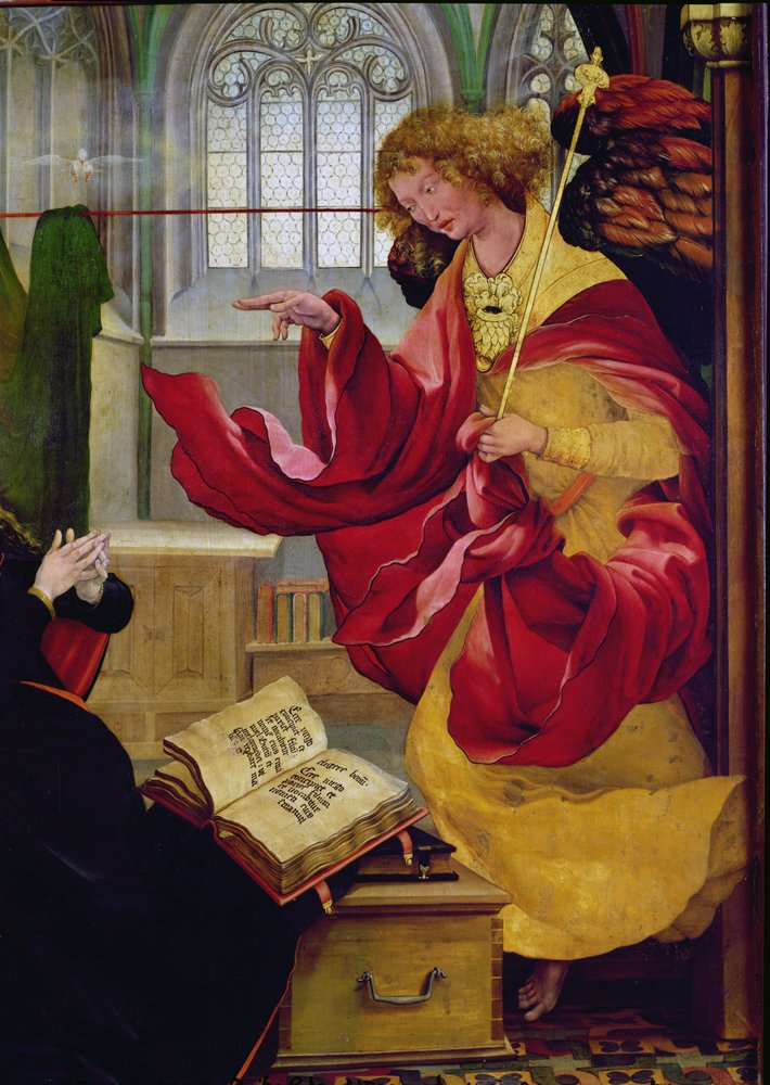 Aartsengel Gabriël, detail uit de Annunciatie van het Isenheimer altaarstuk, ca. 1512-16 door Matthias Grünewald