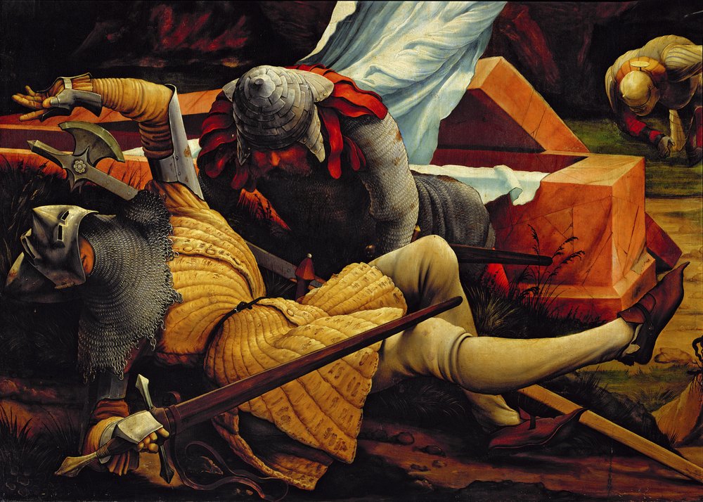 Soldaten die het graf van Christus bewaken bij de verrijzenis, detail van het Isenheimer altaarstuk, ca. 1512-16 door Matthias Grünewald
