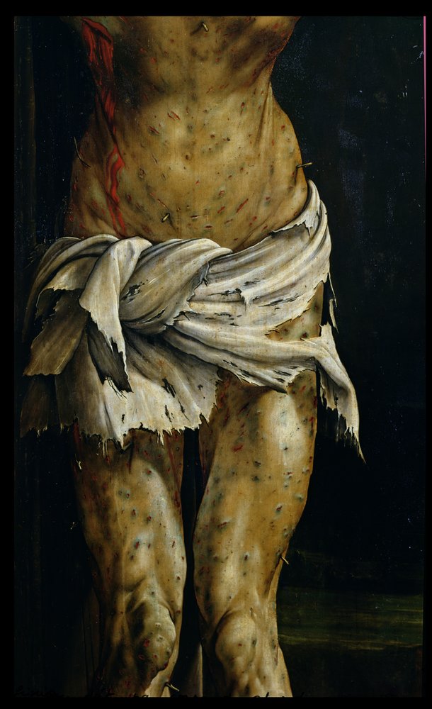 De kruisiging uit het Isenheimer altaarstuk, detail van Christus' lichaam, ca. 1512-16 door Matthias Grünewald