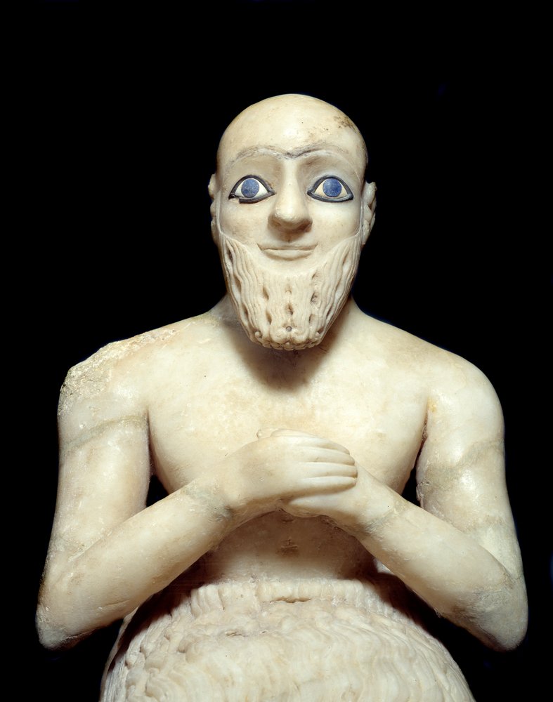 Mesopotamische kunst: Standbeeld van de intendant Ebih-il. Sculptuur van albast, schelp, lapis lazuli en leisteen, circa 2500 v.Chr. (Sumerische periode, circa 2900-2200 v.Chr.). Uit Mari. Hoogte: 0,525 m. Parijs, Louvre Museum door Mesopotamian