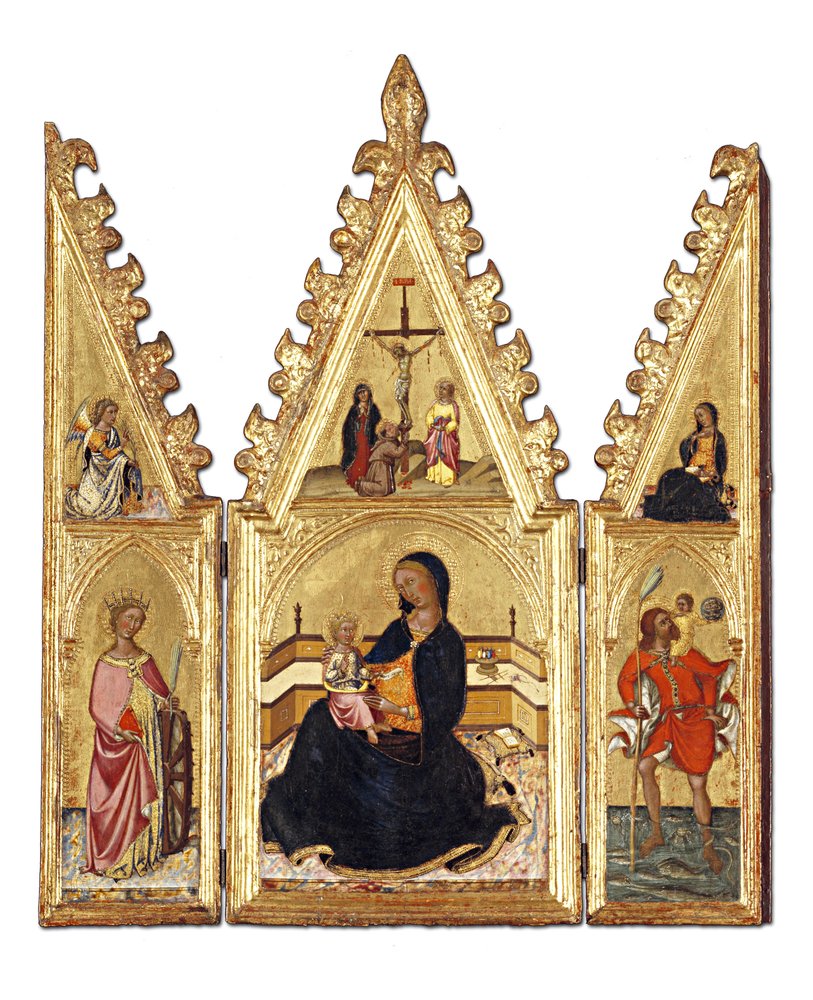 De Madonna van de Nederigheid met St. Catharina van Alexandrië, St. Christoffel, de Annunciatie en de Kruisiging, c.1370-75 door Niccolo di Buonaccorso