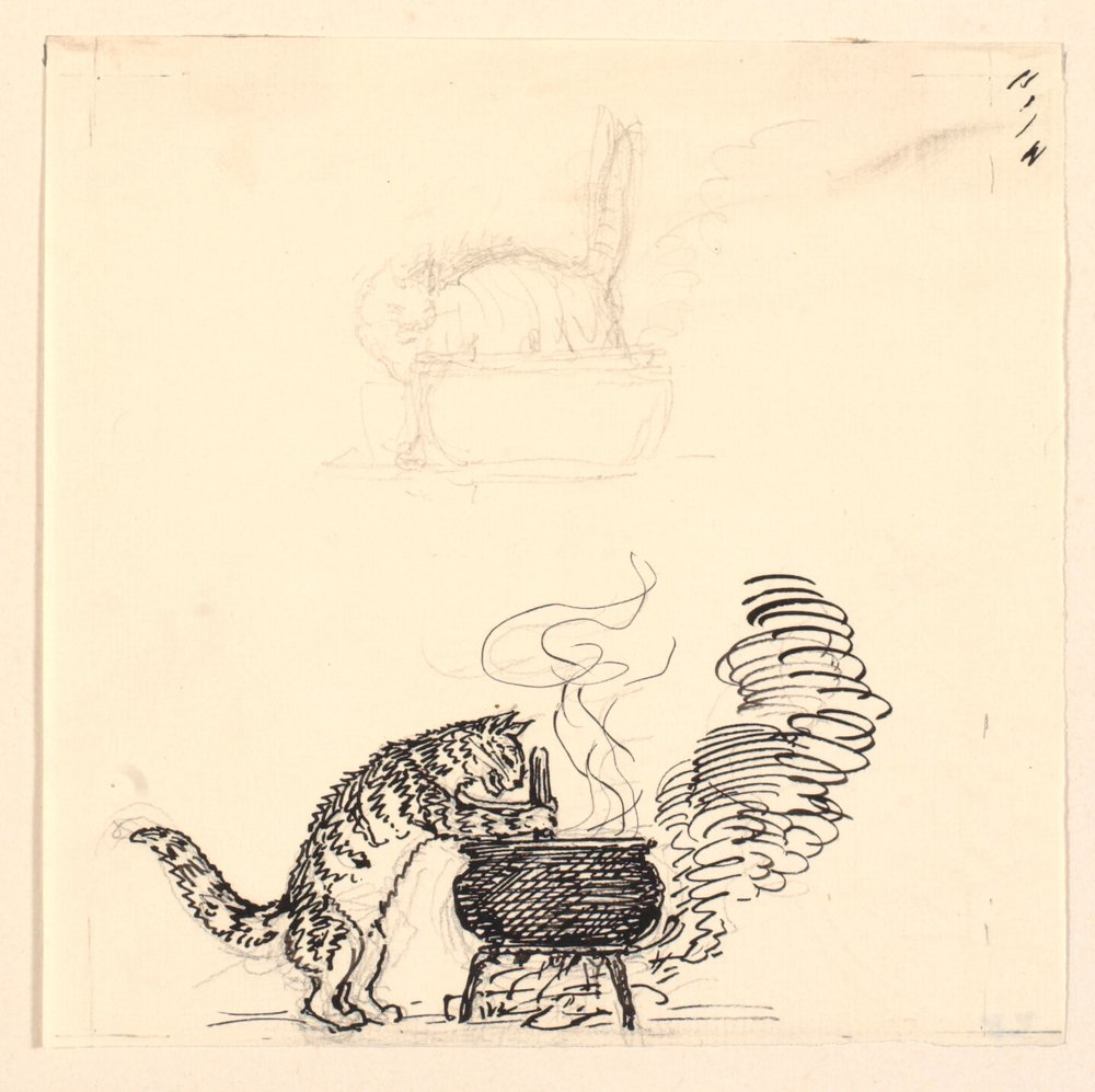 Illustratie voor "De Dikke Kat" en Schets door Niels Skovgaard