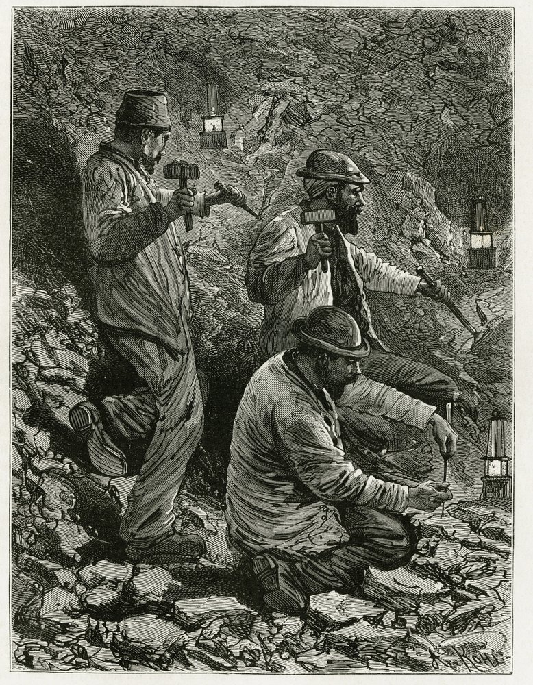 Mijnwerkers die kolen winnen in de ader. Gravure door Ferat, ter illustratie van het verhaal 