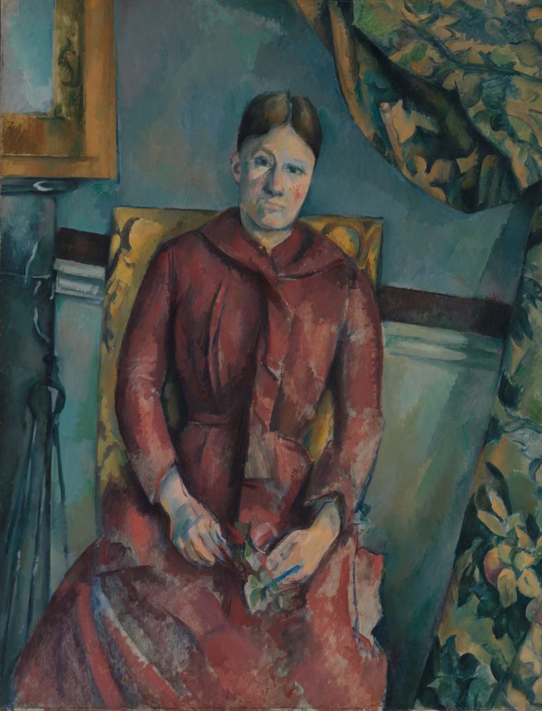 Madame Cézanne Hortense Fiquet in een rode jurk, 1888-90 door Paul Cézanne