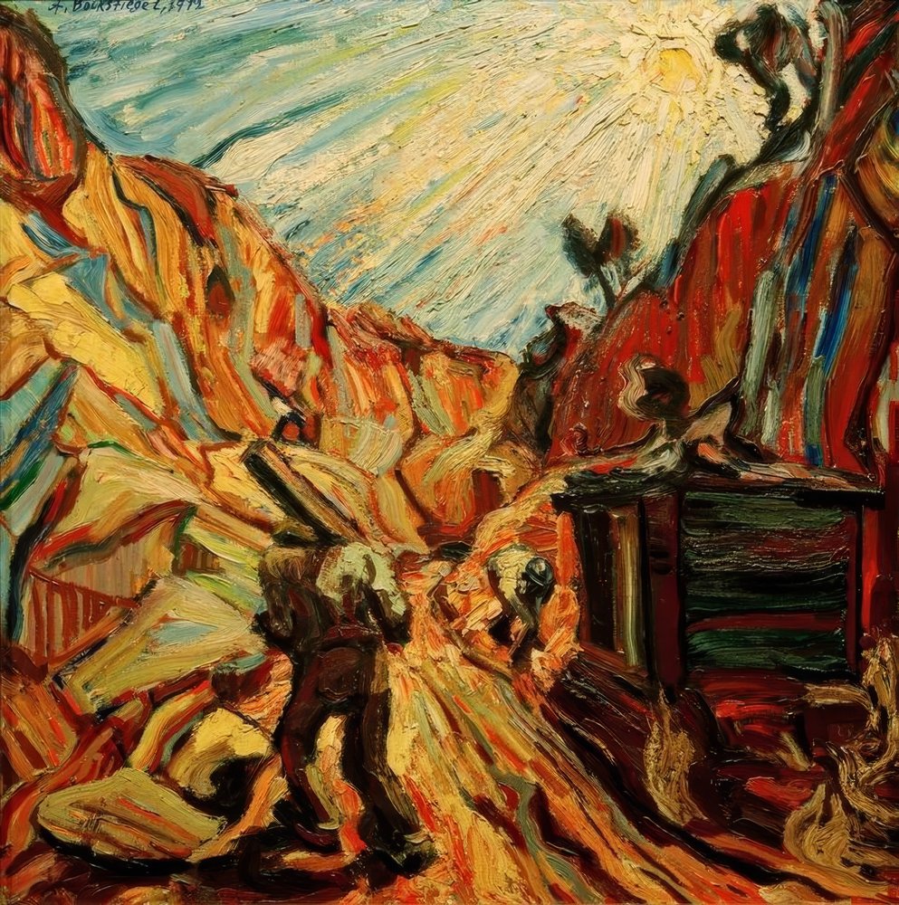 Arbeiders in de steengroeve door Peter August Böckstiegel