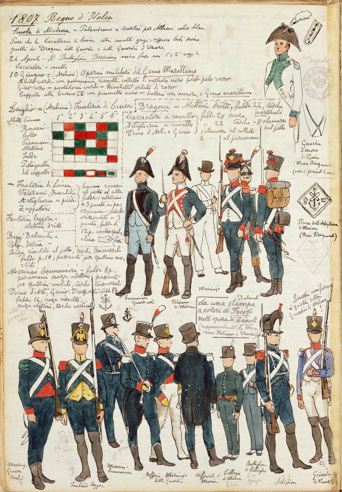 Verschillende uniformen van het Koninkrijk Italië uit 1807. Kleurenplaat door Cenni Quinto door Quinto Cenni