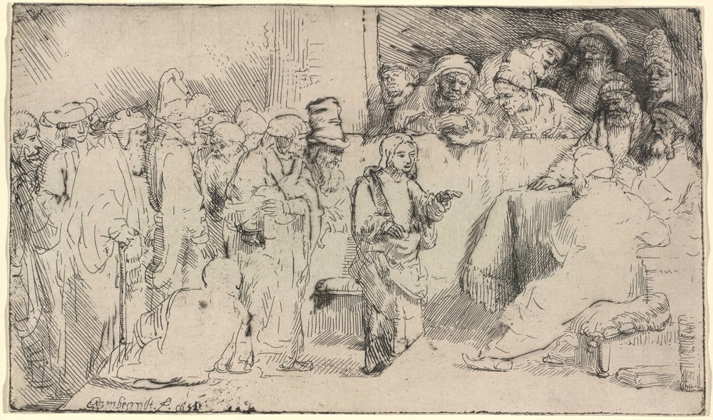 Christus in discussie met de schriftgeleerden: een schets door Rembrandt van Rijn