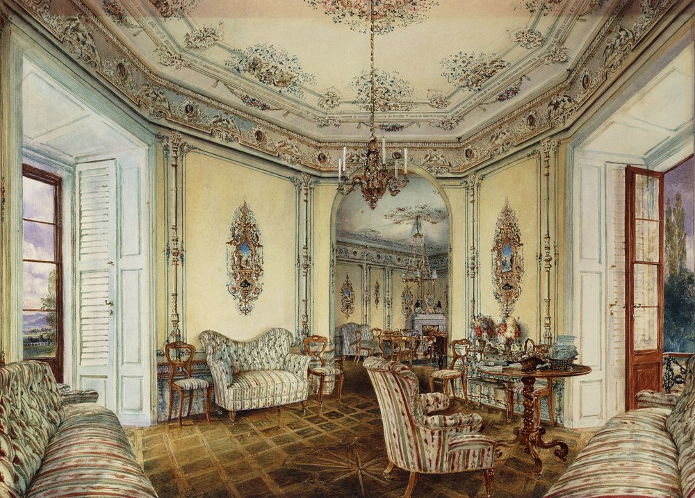 Interieur van de salon van een kasteel in Obertwaltersdorf door Rudolf von Alt