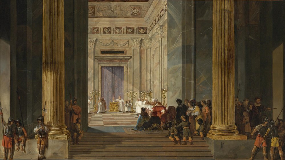 De koningin van Sheba voor de tempel van koning Salomo in Jeruzalem, ca. 1630-1634 door Salomon de Bray