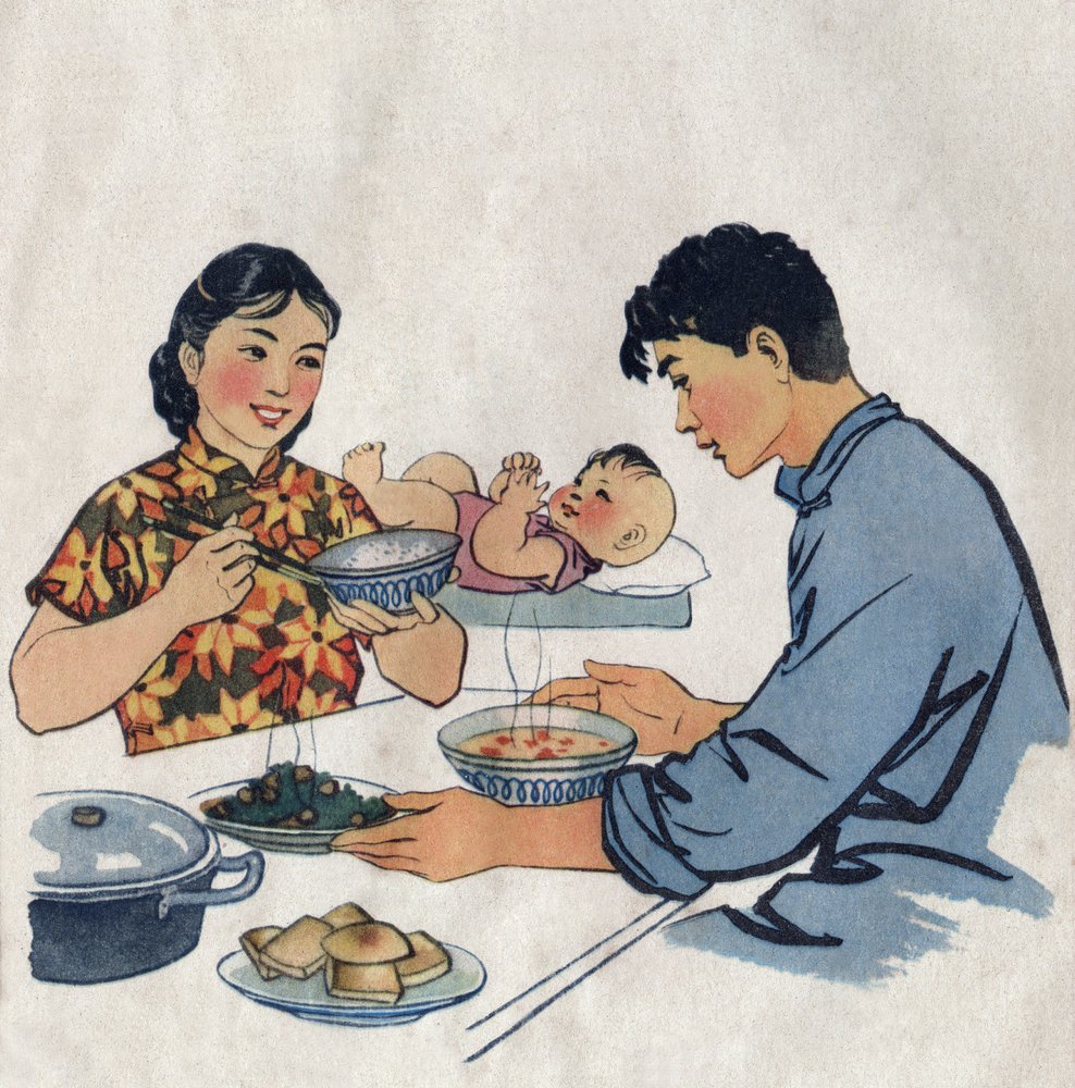 Jong stel en haar baby tijdens een maaltijd. Illustratie, in "Comment mieux nourish nos enfants", Uitgave Le Journal de la Sante, Pekin door School Chinese