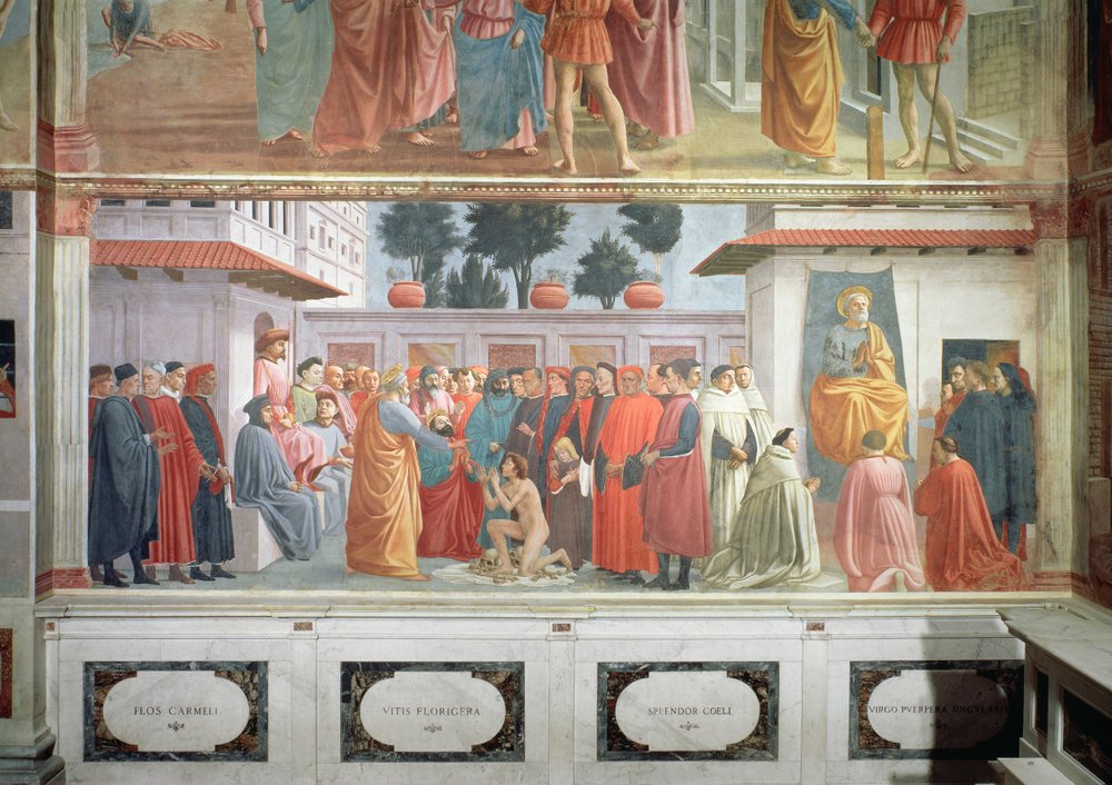 De opwekking van de zoon van Theophilus, koning van Antiochië, en Sint-Petrus op de troon als eerste bisschop van Antiochië, ca. 1427 en ca. 1480 door Tommaso Masaccio