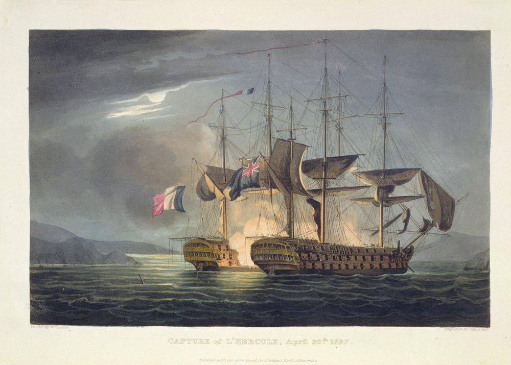 De verovering van L'Hercule, 20 april 1797, gegraveerd door Thomas Sutherland voor J. Jenkins's 'Naval Achievements', 1816 door Thomas Whitcombe