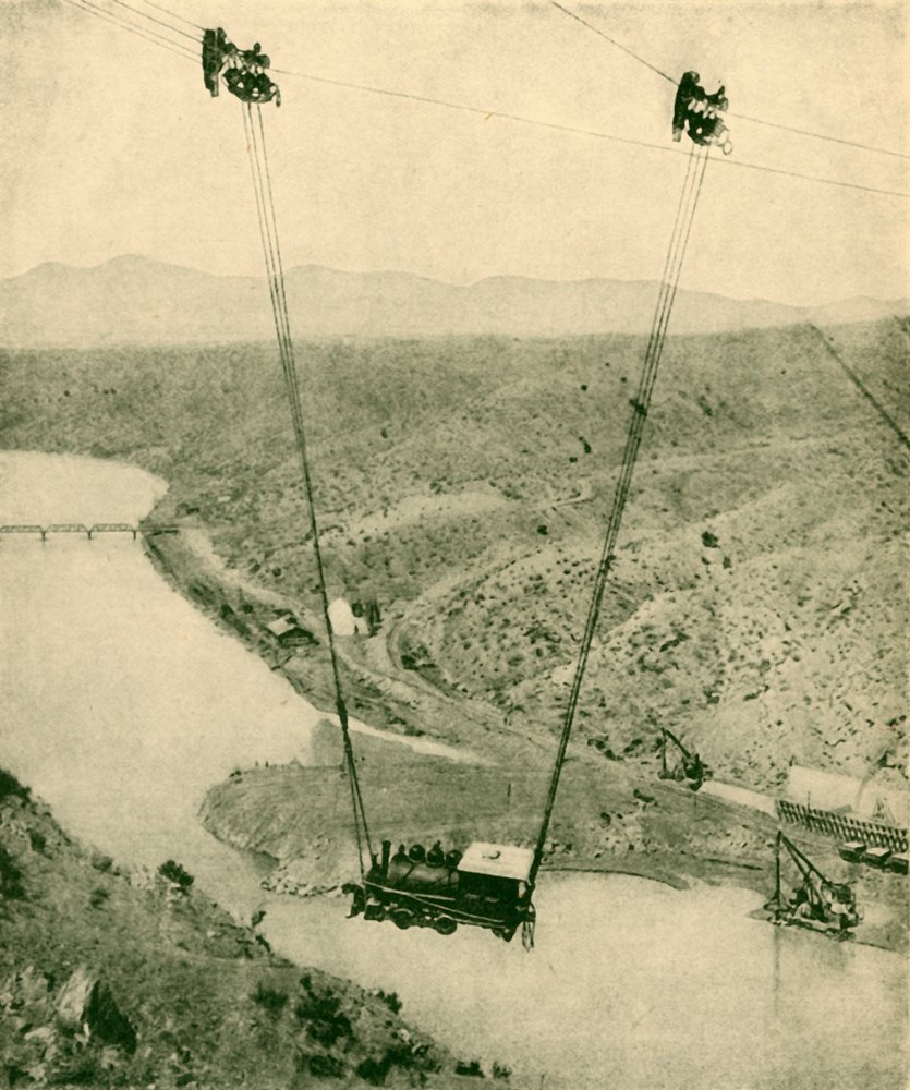 Een Aannemersmachine Wordt Over Een Kloof Gehesen, Rio Grande Rivier, New Mexico, 1930 door Unbekannt