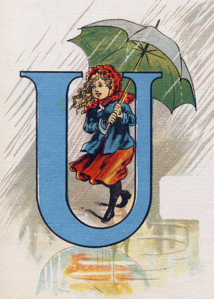 Letter U: Ursula in de regen met een paraplu. Gravure in "ABC L
