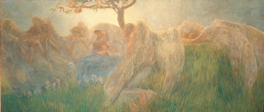 De moeder met een sluier op groen gras met bloemen en bomen omarmt de zoon tijdens het borstvoeden door Unbekannt