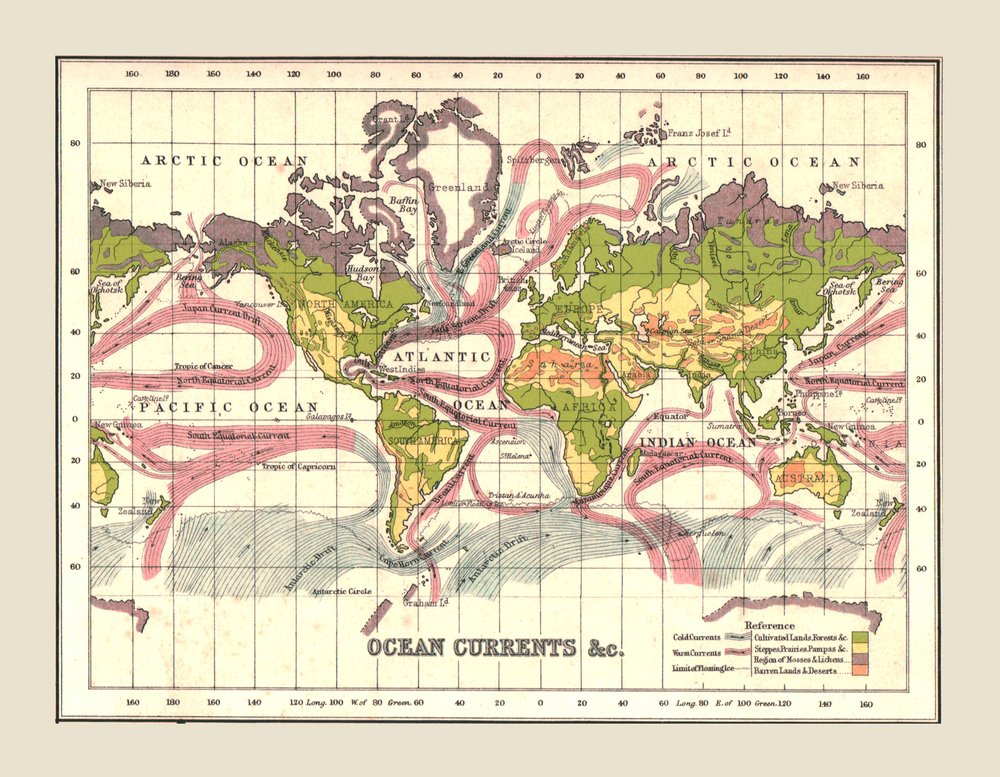 Wereldkaart met oceaanstromingen, 1902 door Unbekannt