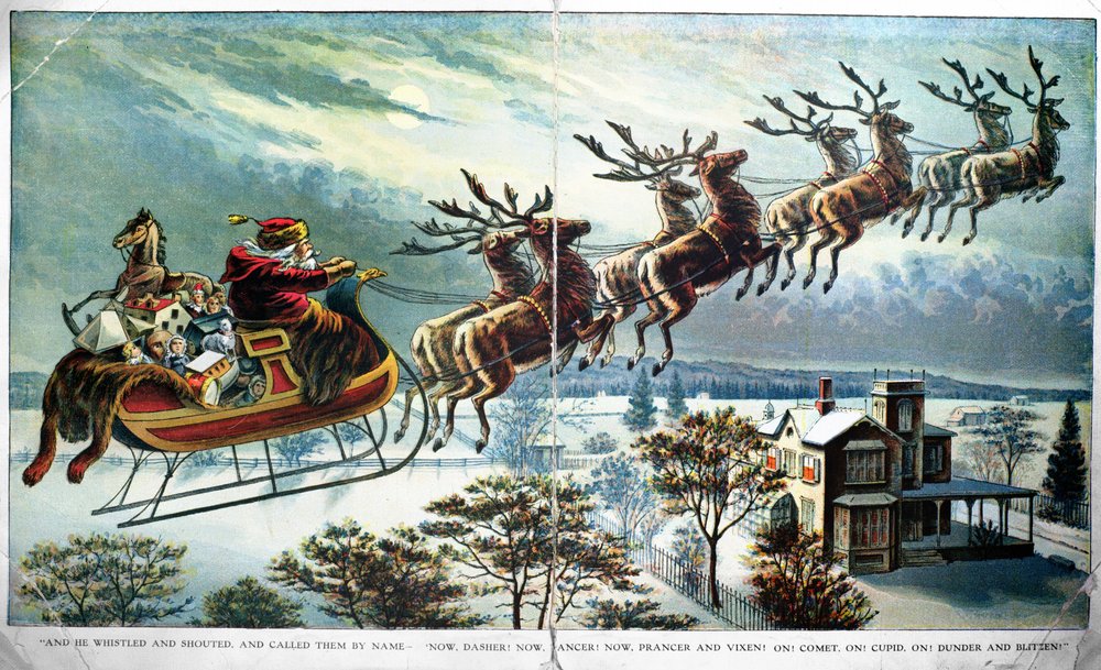 De eerste tocht van de Kerstman met slee en rendieren, illustratie voor Een bezoek van Sint-Nicolaas, door Clement Clarke Moore (1779-1863), jaren 1890 door Unbekannt Unbekannt