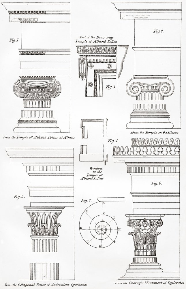 Voorbeelden van de Ionische en Korinthische orden in de Griekse architectuur, uit The National Encyclopaedia, gepubliceerd omstreeks 1890 door Unbekannt Unbekannt