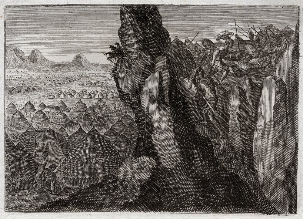 Bijbel van Royaumont, Oude Testament: Jonathan en zijn schildknaap. Jonathan, de zoon van koning Saul, gaat alleen met zijn schildknaap het kamp van de Filistijnen binnen en jaagt hen op de vlucht. Illustratie uit 1811. door Unknown artist