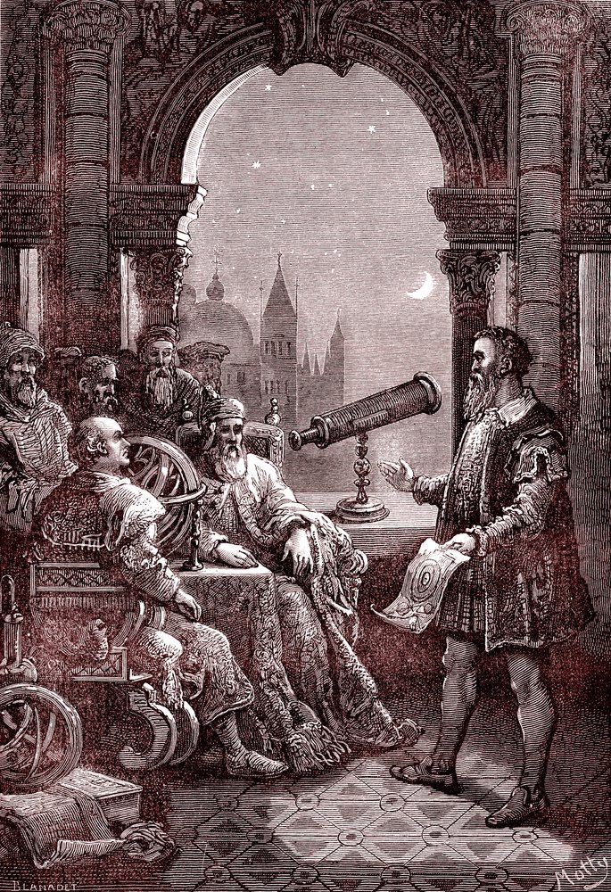 Galileo toont de eerste telescoop aan de Doge van Venetië (gravure door Unknown Artist