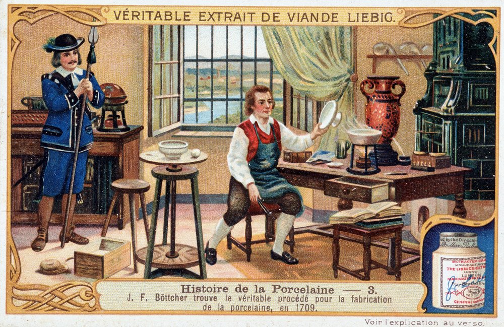 Geschiedenis van porselein: Johann Friedrich Böttger (Böttcher of Böttiger) (1682-1719) ontdekt in 1709 de juiste methode om porselein te maken - Liebig-chromolithografie door Unknown artist