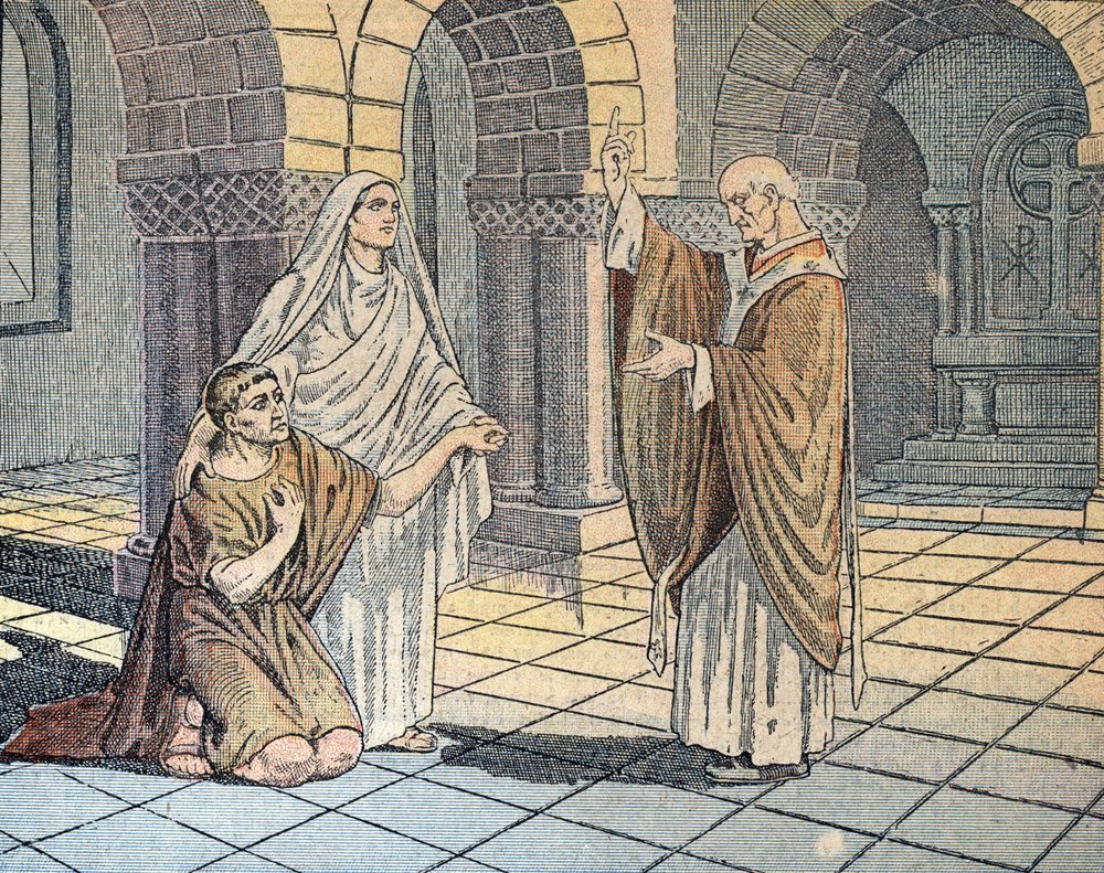 De heilige Augustinus van Hippo (354-430) en zijn moeder Sainte Monique tegenover de heilige Ambrosius (340-397) in Milaan, 387 (De heilige Augustinus van Hippo met zijn moeder st Monica voor de heilige Ambrosius van Milaan, 387) Illustratie uit "Le peleri door Unknown Artist