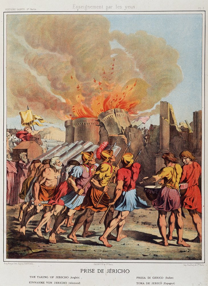 Val van Jericho (de vallende muren) in 'Heilige Geschiedenis' door Unknown artist