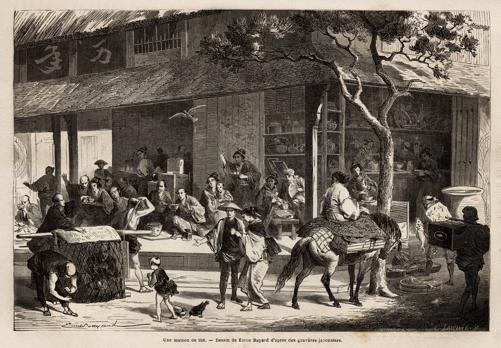 De animatie van een huis en de activiteiten van de straat. Gravure ter ...