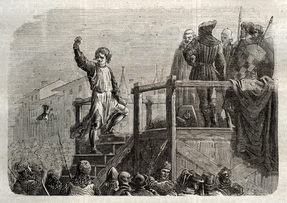 De executie van Conradin, koning van Sicilië en hertog van Zwaben (1252-1268) door bevel van Karel van Anjou na de slag bij Tagliacozzo in 1268 door Unknown artist