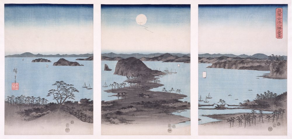 Panorama van gezichten op Kanazawa bij volle maan, uit de serie 