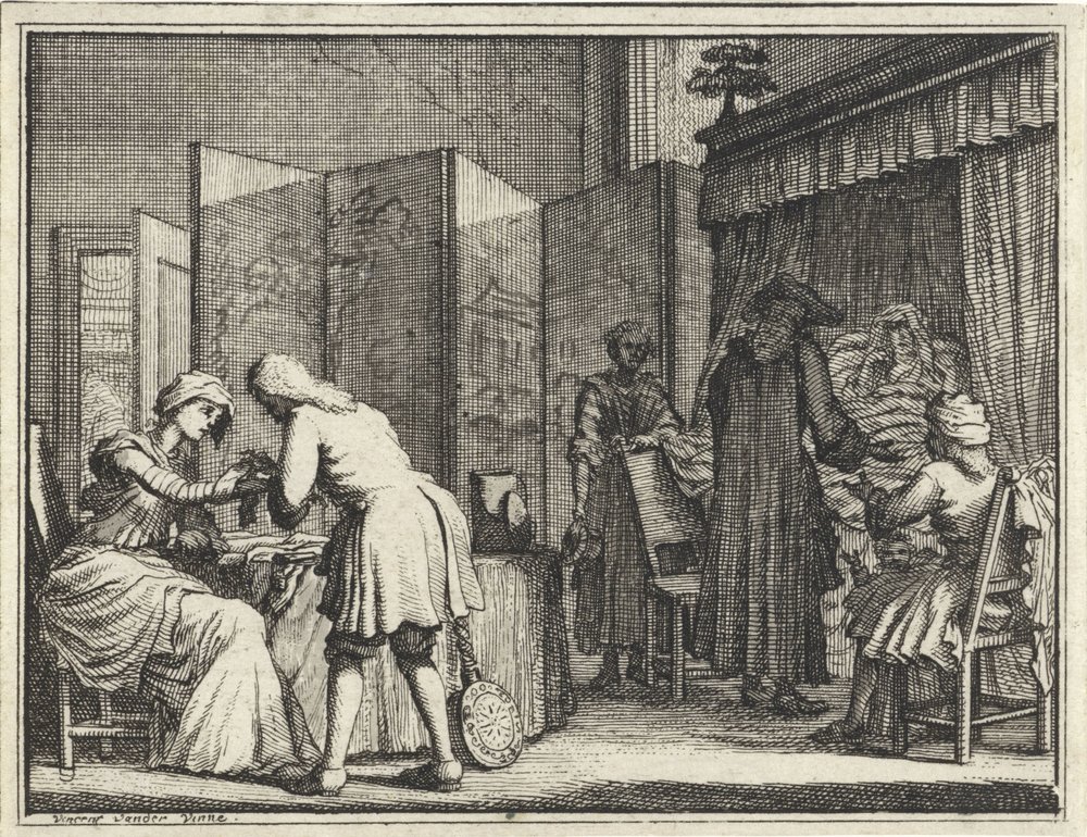 Figuren rond een ziekbed en een arts die een vrouw verbindt door Vincent Laurensz. van der Vinne (II)